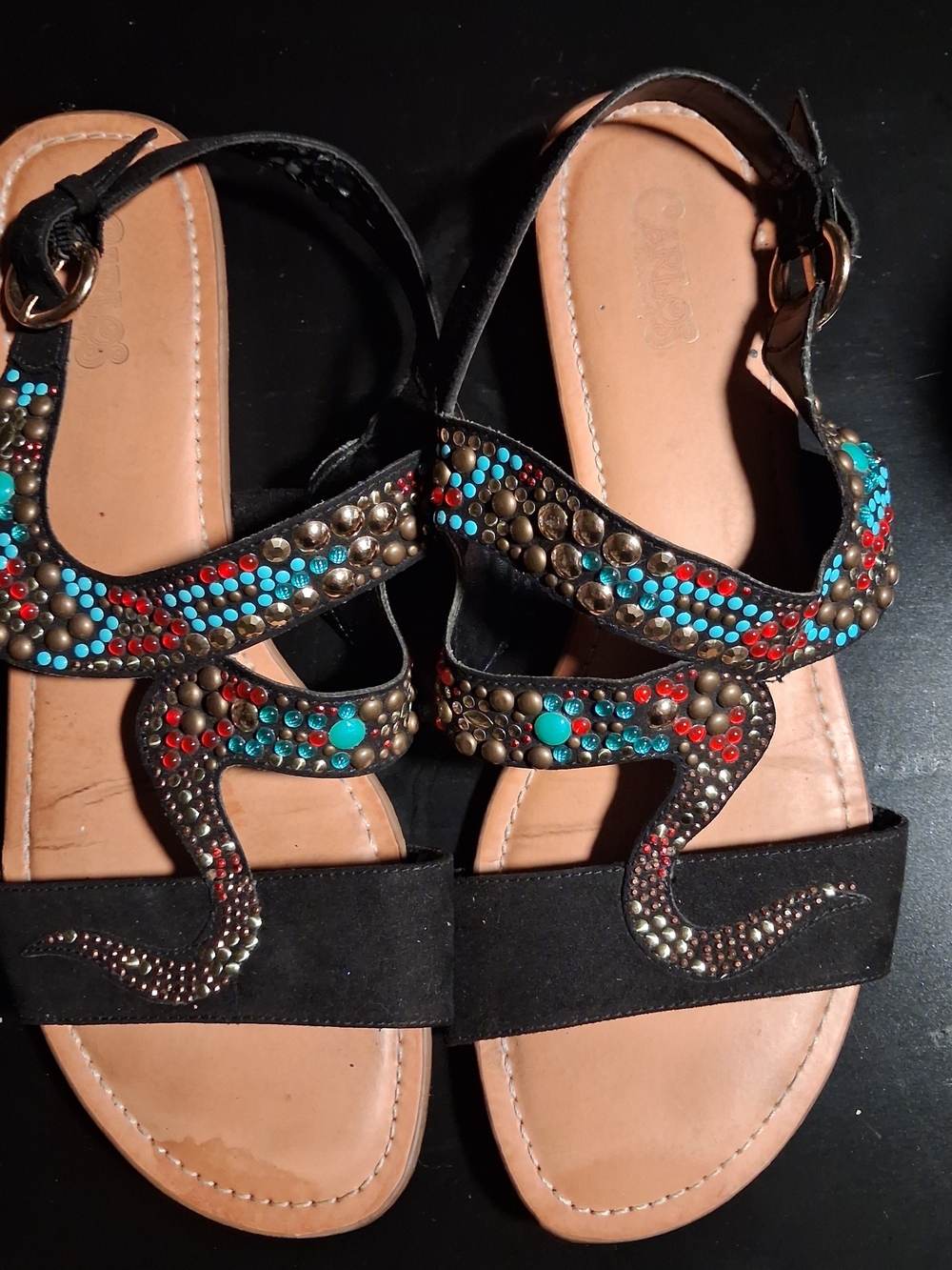Carlos Santana Black Sandals with Turquoise & Red Bead Accents